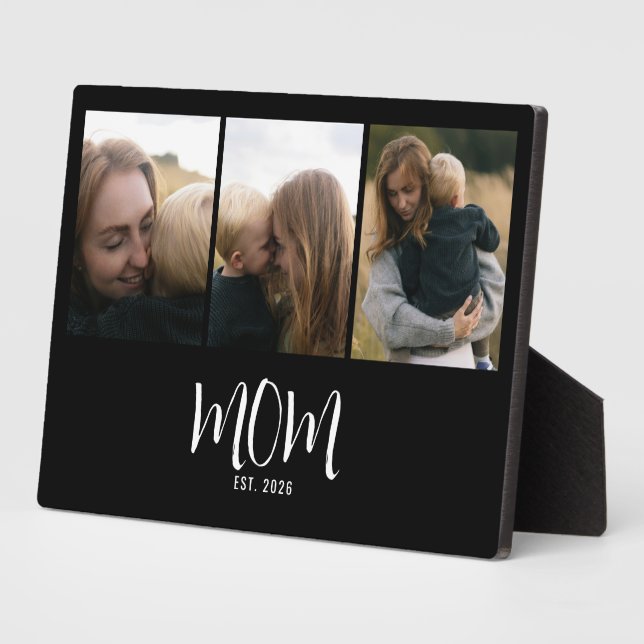 Mum Established Elegant Script Black 3 Photo Plaque (Side)