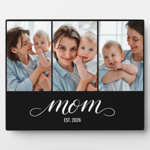 Mum Established Elegant Script Black 3 Photo Plaque