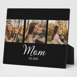 Mum Established Elegant Script Black 3 Photo Plaque