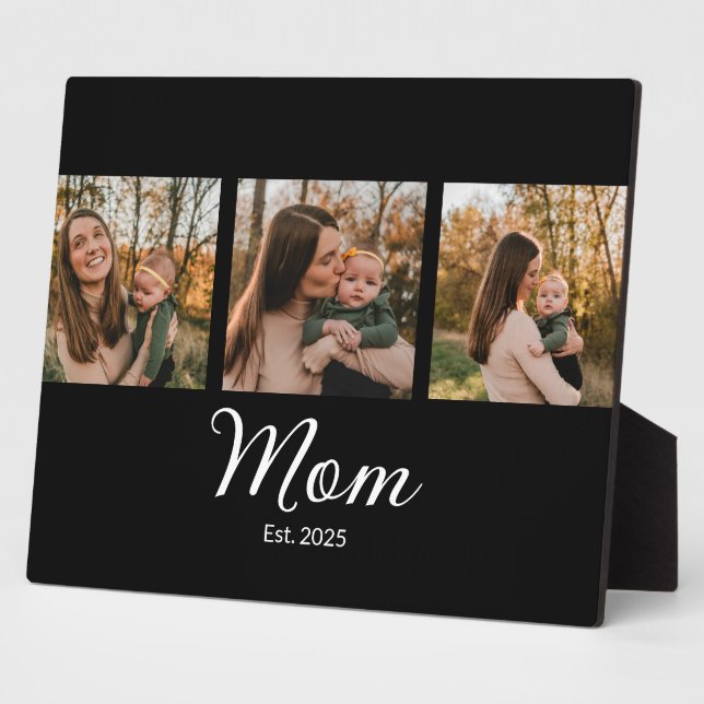 Mum Established Elegant Script Black 3 Photo Plaque (Side)