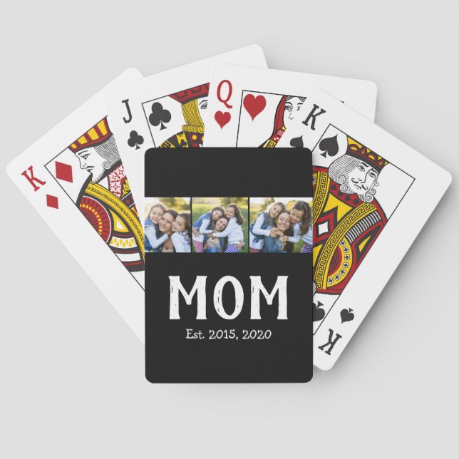 Mum Established Elegant Script Black 3 Photo Playing Cards (Back)