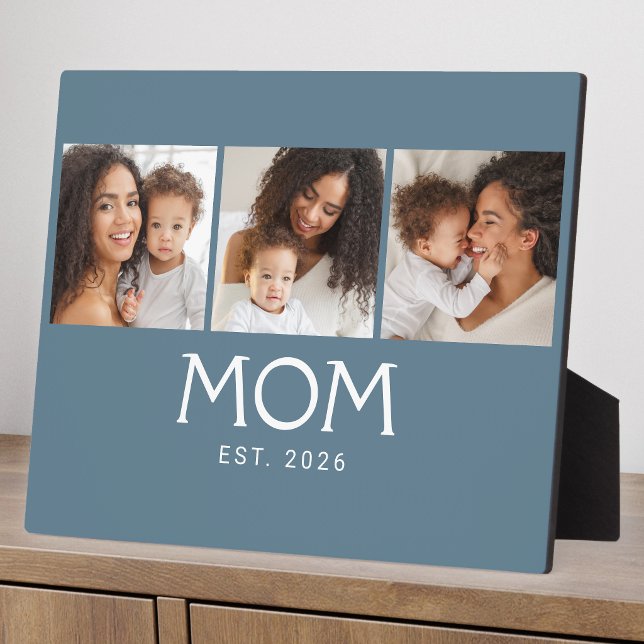 Mum Established Elegant Script Blue 3 Photo Plaque (Creator Uploaded)