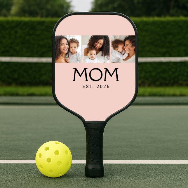 Mum Established Elegant Script Blush Pink 3 Photo Pickleball Paddle (Creator Uploaded)