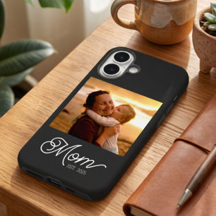 Mum Established Elegant White Script Photo Black iPhone 16 Case