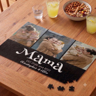 Mum Established Fun Bold Text 3 Photo Black Jigsaw Puzzle