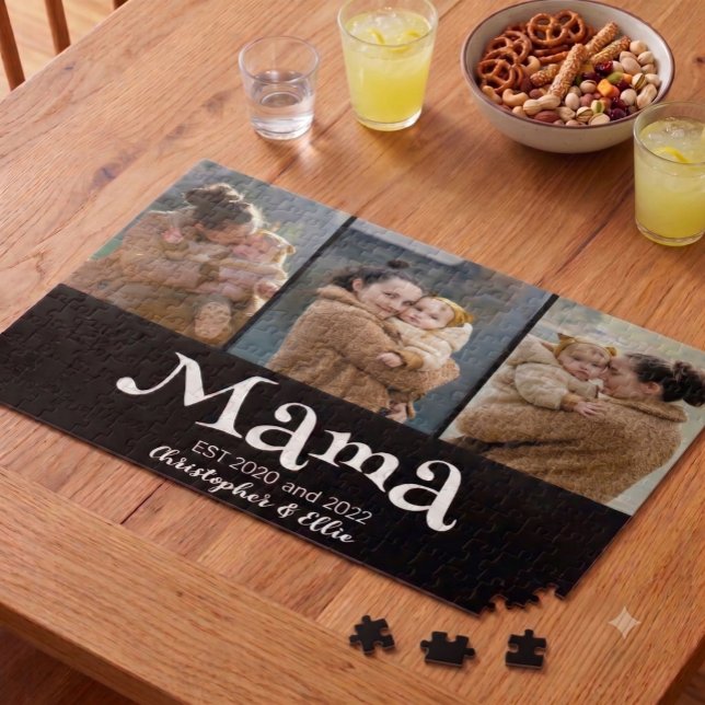 Mum Established Fun Bold Text 3 Photo Black Jigsaw Puzzle (Creator Uploaded)
