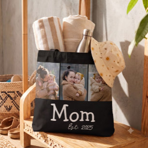Mum Established Fun Bold Text 3 Photo Black Tote Bag
