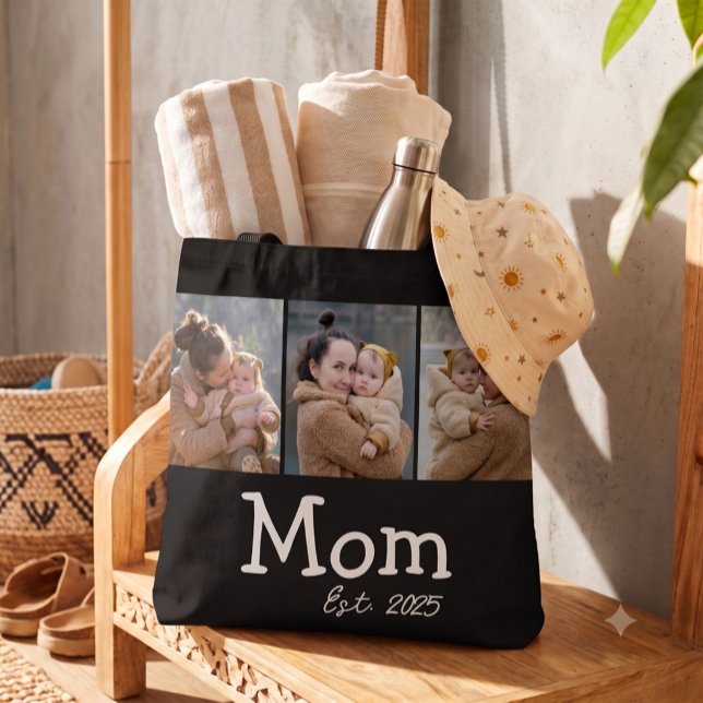 Mum Established Fun Bold Text 3 Photo Black Tote Bag (Creator Uploaded)
