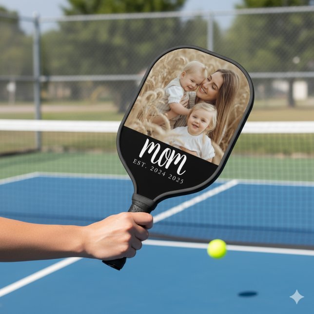 Mum Established Fun Script Photo Pickleball Paddle (modern script mother's day mom established date with custom photo pickleball paddle for christmas)