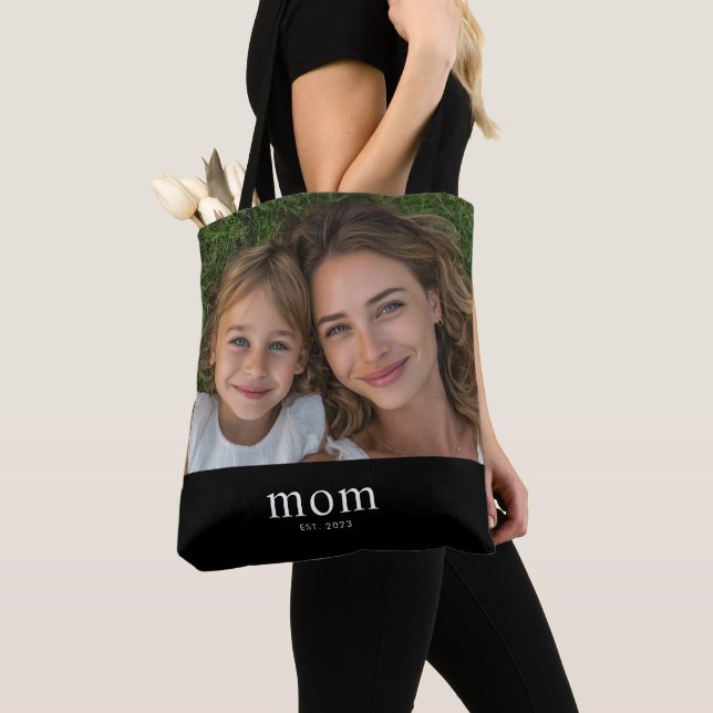 Mum Established Modern Black Photo Tote Bag (Close Up)