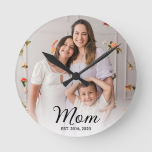Mum Established Modern Black Script Photo Round Clock