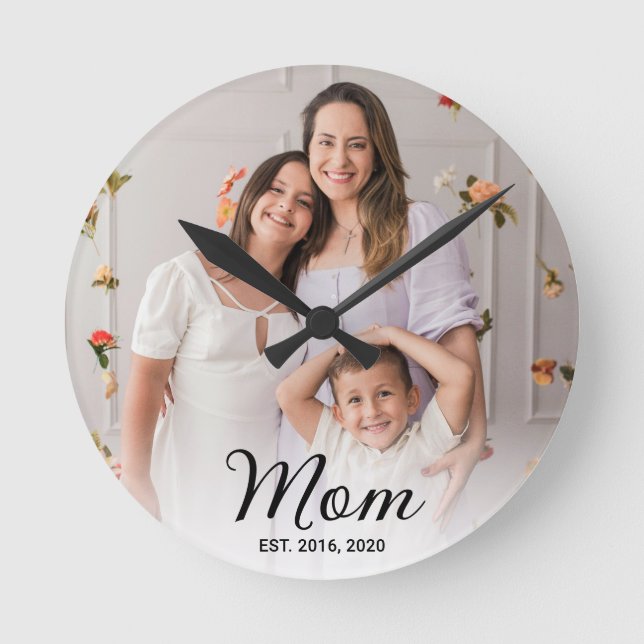 Mum Established Modern Black Script Photo  Round Clock (Front)