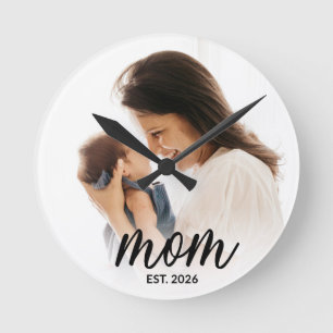 Mum Established Modern Black Script Photo Round Clock