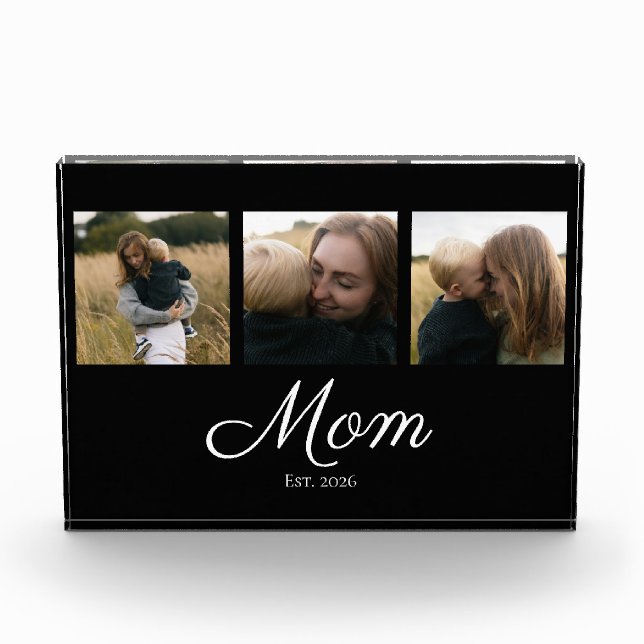 Mum Established Modern Bold Script Black 3 Photo Block (Front)