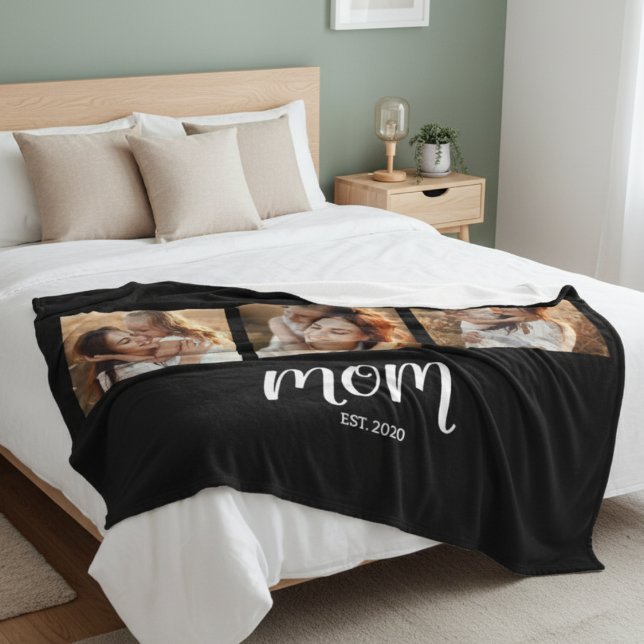 Mum Established Modern Bold Script Black 3 Photo Fleece Blanket (Creator Uploaded)