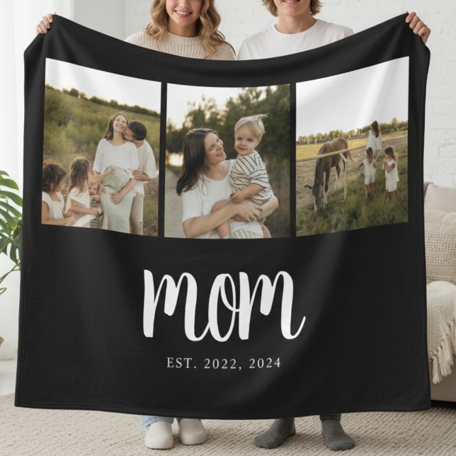 Mum Established Modern Bold Script Black 3 Photo Fleece Blanket (modern 3 photo black and white script mom established blanket gift for mom mother's day christmas)