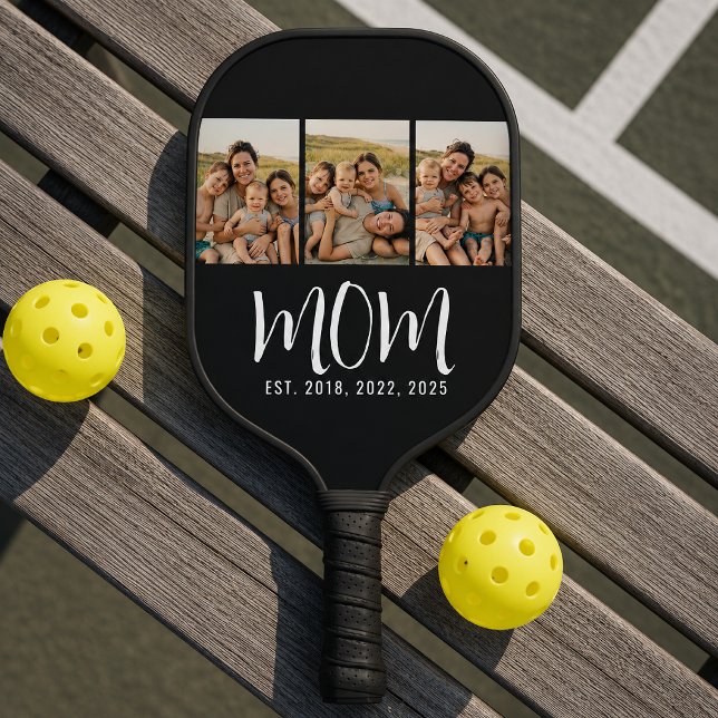 Mum Established Modern Bold Script Black 3 Photo Pickleball Paddle (Creator Uploaded)