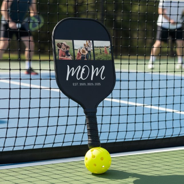 Mum Established Modern Bold Script Black 3 Photo Pickleball Paddle (Creator Uploaded)
