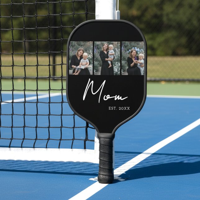 Mum Established Modern Bold Script Black 3 Photo Pickleball Paddle (Creator Uploaded)