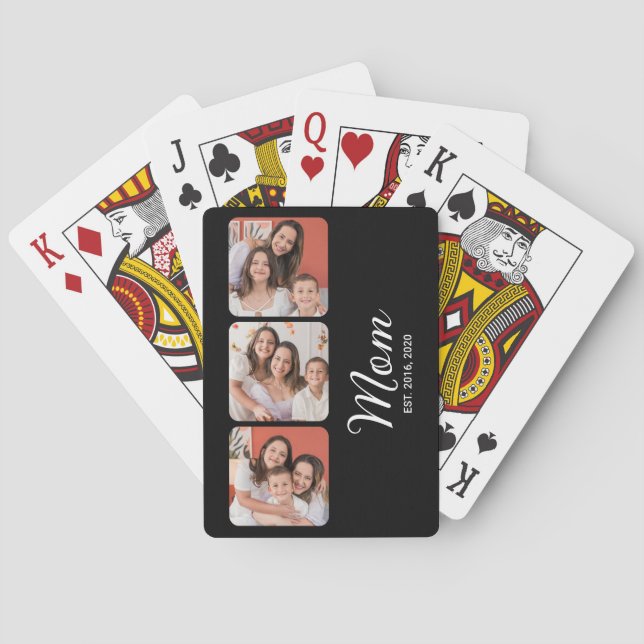 Mum Established Modern Bold Script Black 3 Photo Playing Cards (Back)