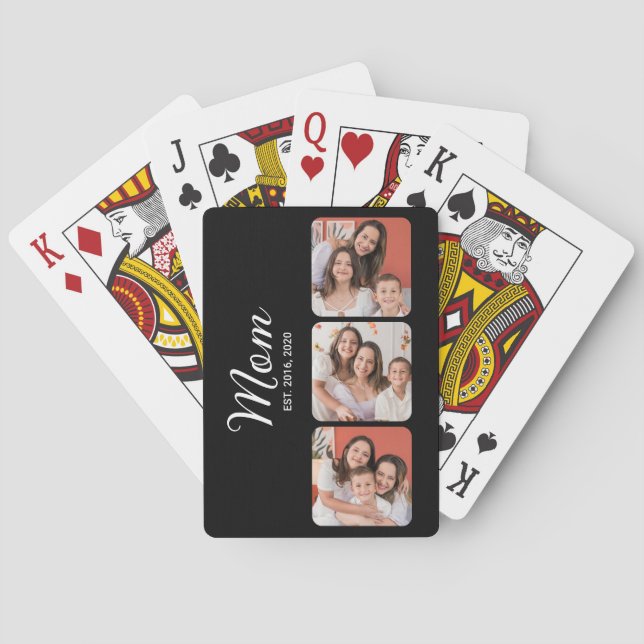 Mum Established Modern Bold Script Black 3 Photo Playing Cards (Back)