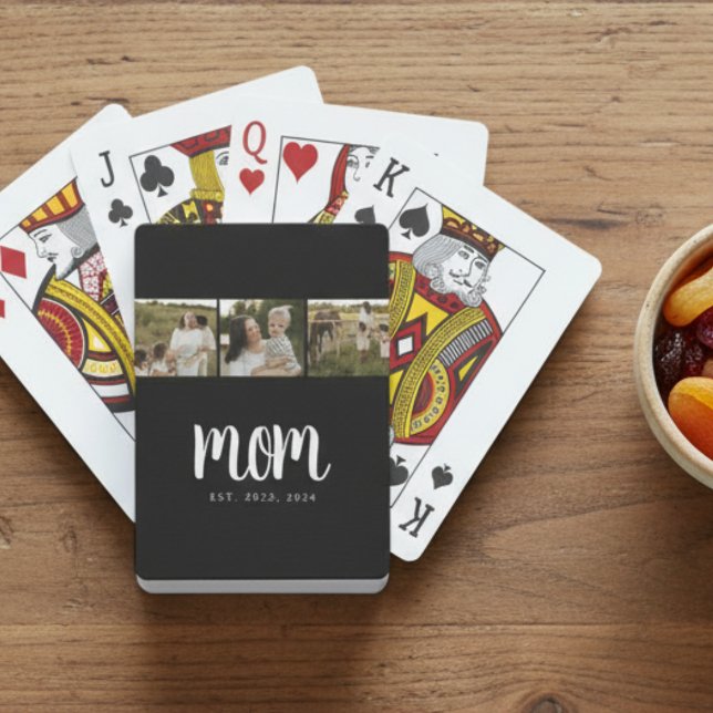 Mum Established Modern Bold Script Black 3 Photo Playing Cards (modern 3 photo black and white script mom established card deck stocking stuffer small gift for mom)