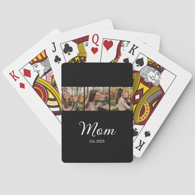 Mum Established Modern Bold Script Black 3 Photo Playing Cards (Back)