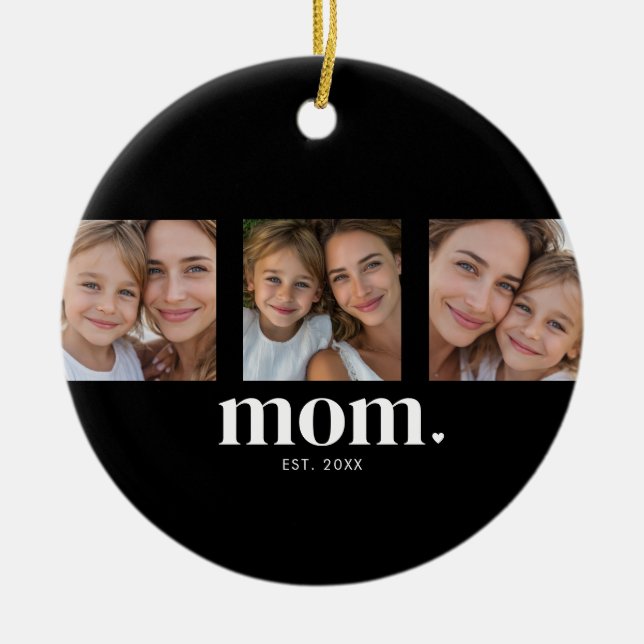 Mum Established Modern Minimal Black 3 Photo Ceramic Ornament (Front)