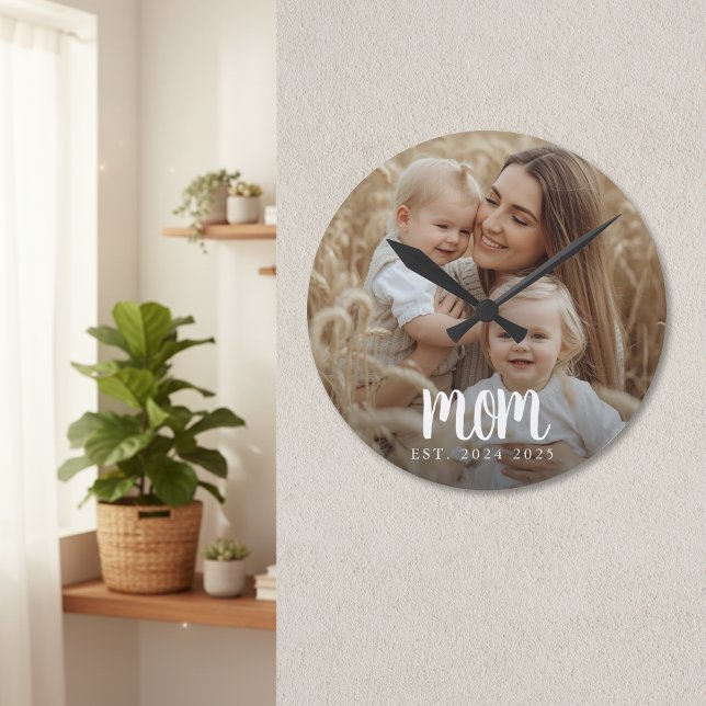 Mum Established Modern Minimal Script Photo Round Clock (modern minimal white script mom established dates with custom photo wall clock for mother's day gift)