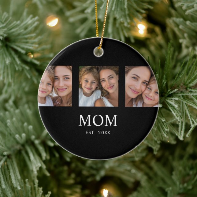 Mum Established Modern Script Black 3 Photo Ceramic Ornament (Tree)