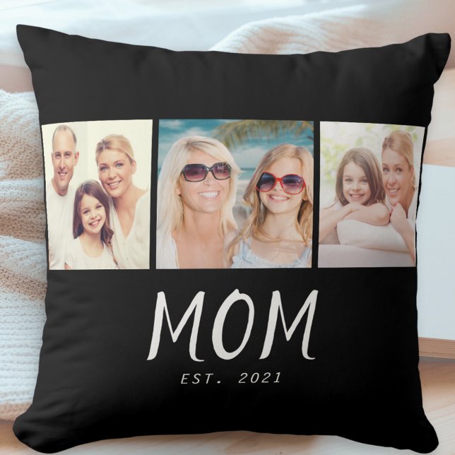 Mum Established Modern Script Black 3 Photo Cushion (A stylish pillow with three custom photos and "Mom Est. 2021" text with customizable year)