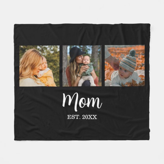 Mum Established Modern Script Black 3 Photo Fleece Blanket (Front (Horizontal))