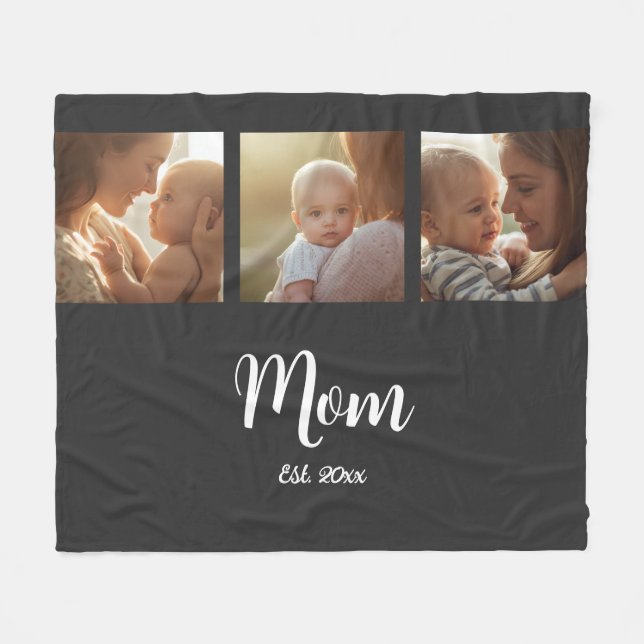Mum Established Modern Script Black 3 Photo Fleece Blanket (Front (Horizontal))