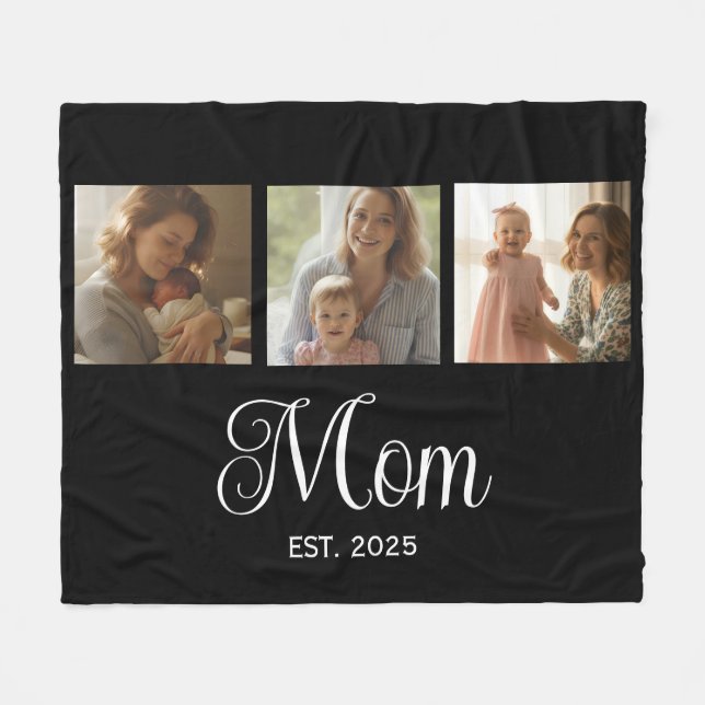 Mum Established Modern Script Black 3 Photo Fleece Blanket (Front (Horizontal))