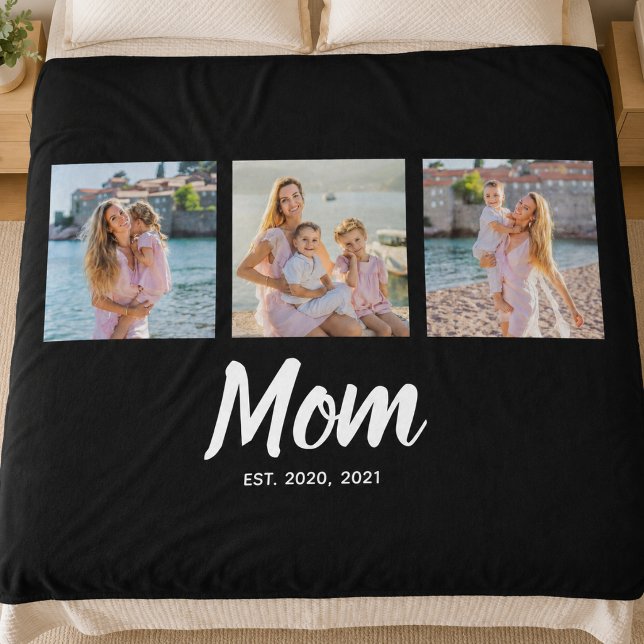 Mum Established Modern Script Black 3 Photo Fleece Blanket (Add photos & Year(s) to customize )