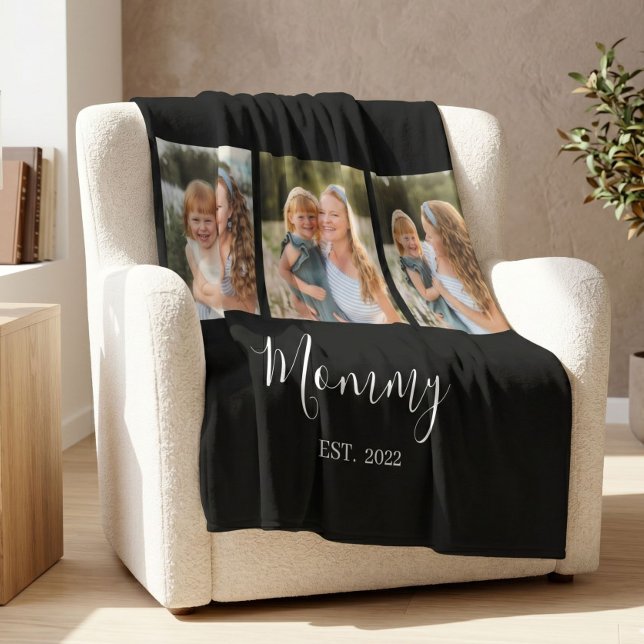 Mum Established Modern Script Black 3 Photo Fleece Blanket (Creator Uploaded)