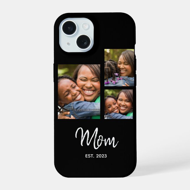 Mum Established Modern Script Black 3 Photo iPhone 15 Case (Back)