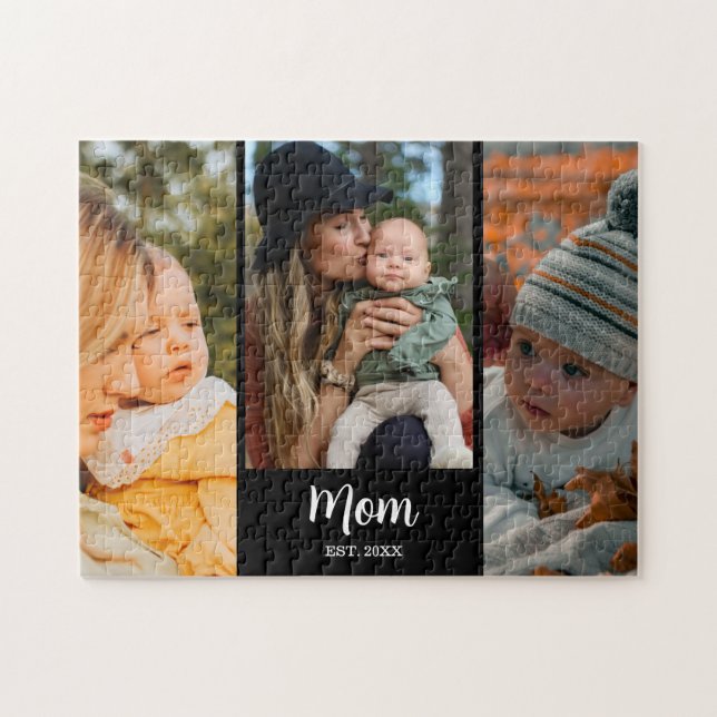 Mum Established Modern Script Black 3 Photo Jigsaw Puzzle (Horizontal)