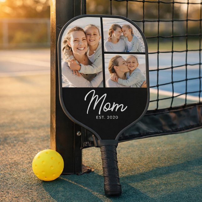 Mum Established Modern Script Black 3 Photo Pickleball Paddle (Creator Uploaded)