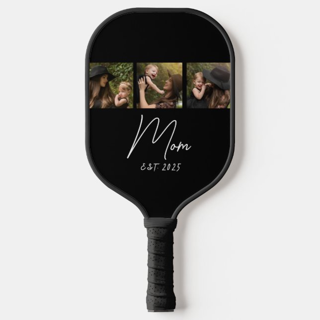 Mum Established Modern Script Black 3 Photo Pickleball Paddle (Front)