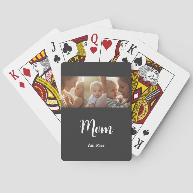 Mum Established Modern Script Black 3 Photo Playing Cards (Back)