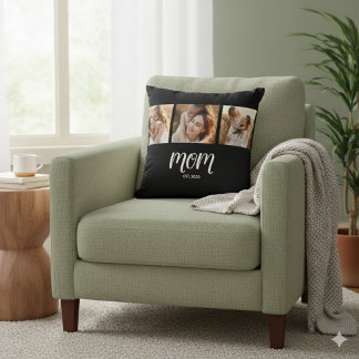Mum Established Modern Script Black 3 Photo Throw  Cushion