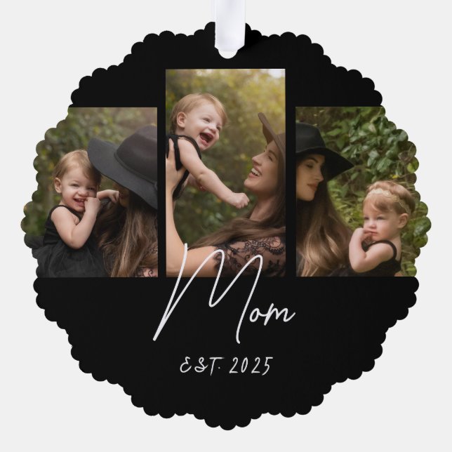 Mum Established Modern Script Black 3 Photo Tree Decoration Card (Back)