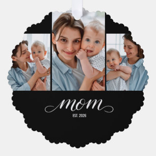 Mum Established Modern Script Black 3 Photo Tree Decoration Card