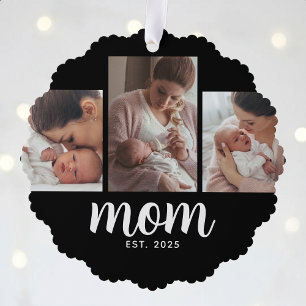Mum Established Modern Script Black 3 Photo Tree Decoration Card