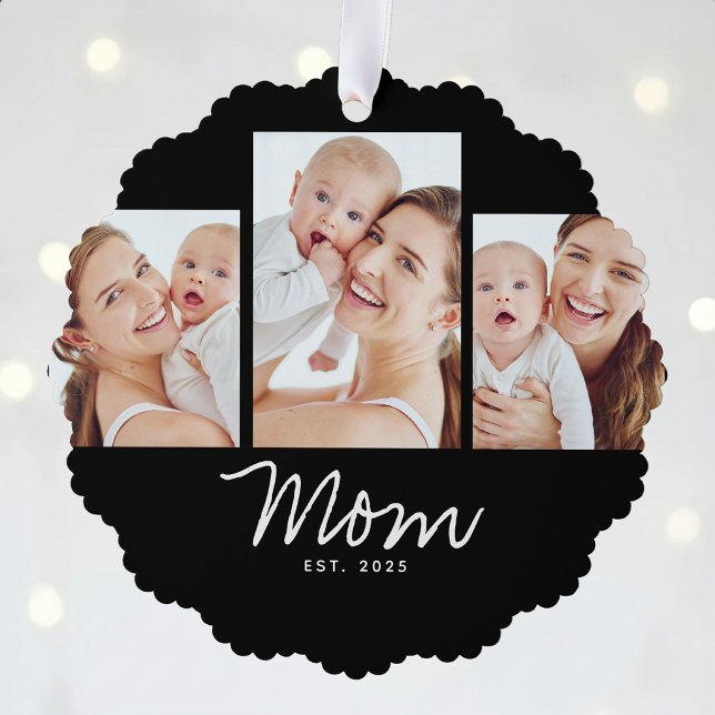 Mum Established Modern Script Black 3 Photo Tree Decoration Card (Creator Uploaded)
