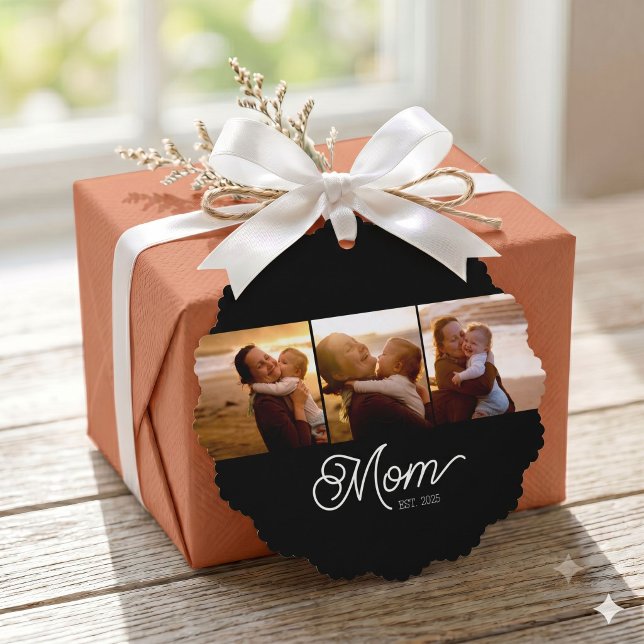 Mum Established Modern Script Black 3 Photo Tree Decoration Card (Creator Uploaded)