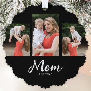 Mum Established Modern Script Black 3 Photo Tree Decoration Card