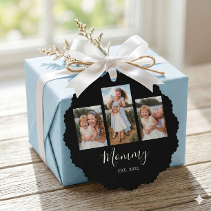 Mum Established Modern Script Black 3 Photo Tree Decoration Card