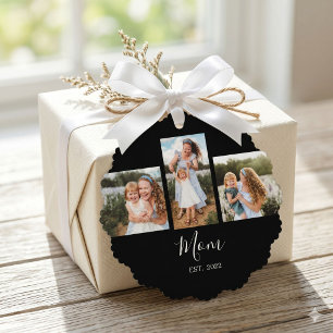 Mum Established Modern Script Black 3 Photo Tree Decoration Card